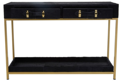 Interiors by Premier Hair on Hide Console Table, Black Modern Console Table with 2 Drawer Storage, Luxe Design with Gold Frame