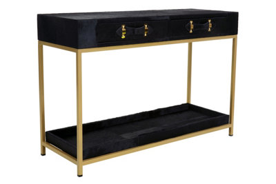 Interiors by Premier Hair on Hide Console Table, Black Modern Console Table with 2 Drawer Storage, Luxe Design with Gold Frame