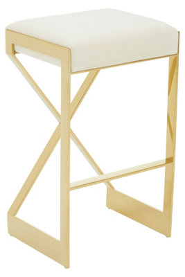 Interiors by Premier Ivory Velvet Bar Stool, Gold Finish Frame Bar Chair with Footrest, Modern Design Home Stool for Living Area