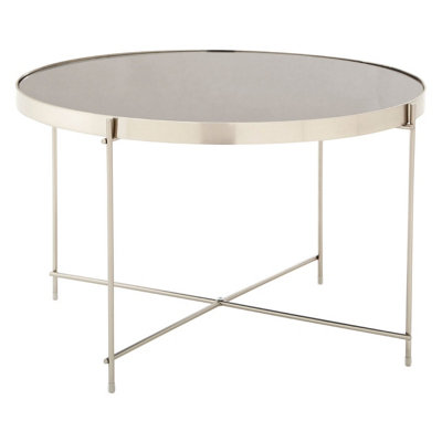 Interiors By Premier Large Grey Mirror Round Side Table,Round Table With Brushed Nickel Trim, Side Table With Metal Lattice Base