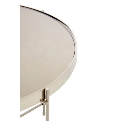 Interiors By Premier Large Grey Mirror Round Side Table,Round Table With Brushed Nickel Trim, Side Table With Metal Lattice Base