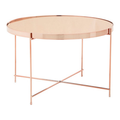 Interiors By Premier Large Pink Mirror Side Table,Round Table With Rose Gold Lattice Base, End Table With Chromed Metal Legs