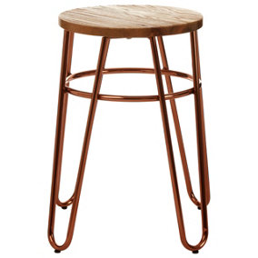 Interiors by Premier Lightweight Rose Gold Metal and Elm Wood Round Stool, Small Hairpin Stool, Sturdy Stool for Lounge, Bedroom