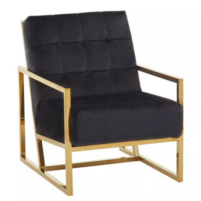 Interiors by Premier Luxe Black Velvet Chair, Comfortable Velvet Chair with Gold Frame, Contemporary Black Velvet Accent Chair