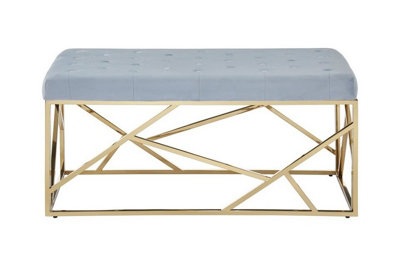 Interiors By Premier Luxe Gold And Powder Blue Velvet Bench, Stylish Garden Bench For Outdoor, Accent Dining Bench For Diningroom