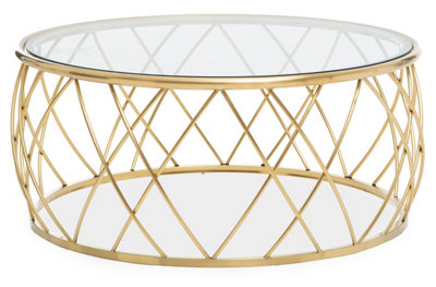 Interiors by Premier Luxurious Gold Coffee Table, Gold Metal and Glass Coffee Table, Geometric Metal Base Modern Coffee Table