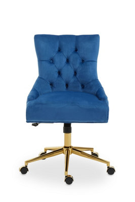 Interiors by Premier Luxury Blue Velvet Home Office Chair, Comfortable Blue Office Desk Chair with Gold Base, Modern Chair