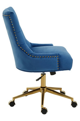 Interiors by Premier Luxury Blue Velvet Home Office Chair, Comfortable Blue Office Desk Chair with Gold Base, Modern Chair
