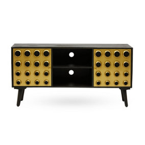 Interiors by Premier Mango Wood Media Unit, Mid-Century Modern TV Stand with Gold Accents, Black Frame with Storage Shelves