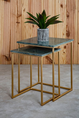 Interiors by Premier Marble Top Green Set of 2 Side Table, Open Design Frame Bedside Table, Square End Table for Living Room