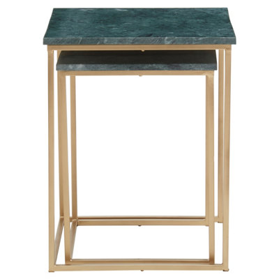 Interiors by Premier Marble Top Green Set of 2 Side Table, Open Design Frame Bedside Table, Square End Table for Living Room