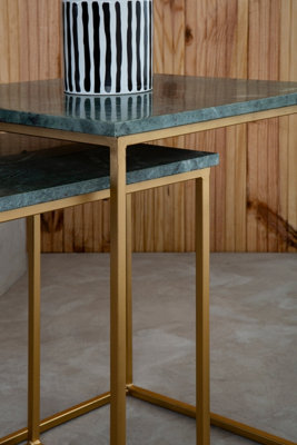 Interiors by Premier Marble Top Green Set of 2 Side Table, Open Design Frame Bedside Table, Square End Table for Living Room