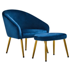 Interiors by Premier Midnight Blue Velvet Chair with Gold Legs and Footstool, Contemporary Accent Chair with high Footstool