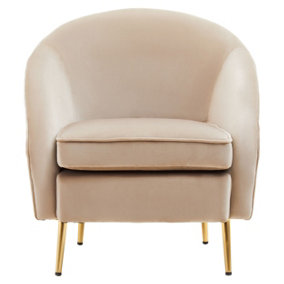 Interiors by Premier Mink Velvet Armchair with Cushion, Plush Foam Seat With Gold Finish Metal Legs, Living Room Accent Chair