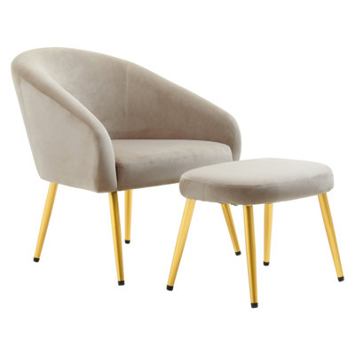 Interiors by Premier Mink Velvet Chair with Gold Legs and Footstool, Stylish and Contemporary Accent Chair with high Footstool