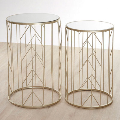 Interiors By Premier Mirrored Top Set of 2 Champagne Side Tables,Cylindrical End Table With Strong Iron,Metallic Sofa Side Tables