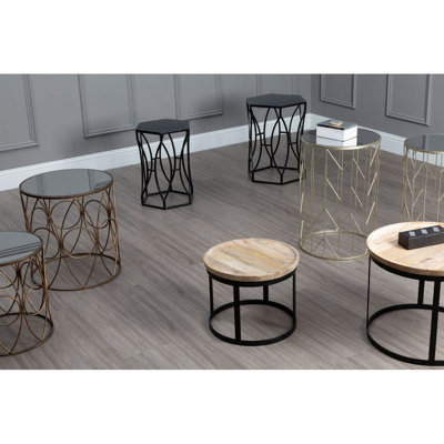 Interiors By Premier Mirrored Top Set of 2 Champagne Side Tables,Cylindrical End Table With Strong Iron,Metallic Sofa Side Tables