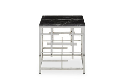 Interiors by Premier Modern Black Marble Side Table, Silver Finished Bedside Table, Small Table By Couch, Stylish Lounge Table