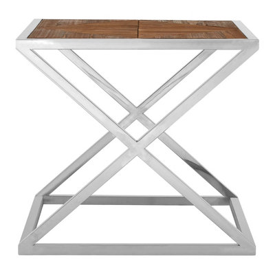 Interiors by Premier Modern Side Table with Stainless Steel Frame and Distressed Wood Top, Industrial Side Table, Bedside Table