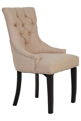 Interiors By Premier Natural Linen Dark Legged Dining Chair,Decorative Accent Chair, Plush Upholstered Chair,Button Tufted Seat