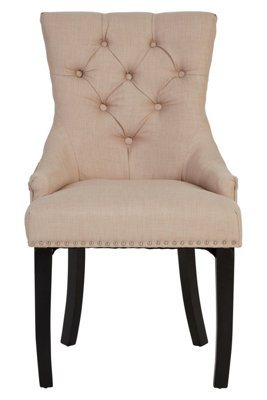 Interiors By Premier Natural Linen Dark Legged Dining Chair,Decorative Accent Chair, Plush Upholstered Chair,Button Tufted Seat