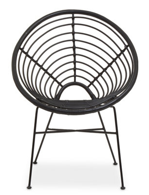 Interiors by Premier Natural Rattan Black Round Chair with Black Metal Legs, Rattan Dining Chair, Robust Rattan Lounge Chair