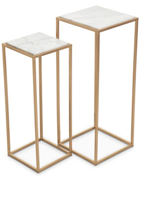 Interiors by Premier Nest of 2 Natural Marble Top Side Tables, Square End Tables for Home, Gold Finish Open Frame Bedside Tables