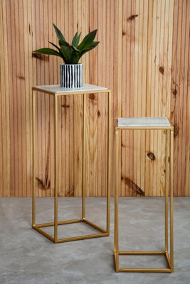 Interiors by Premier Nest of 2 Natural Marble Top Side Tables, Square End Tables for Home, Gold Finish Open Frame Bedside Tables