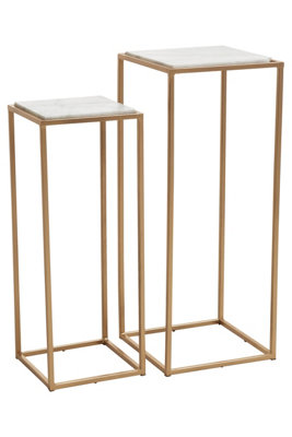 Interiors by Premier Nest of 2 Natural Marble Top Side Tables, Square End Tables for Home, Gold Finish Open Frame Bedside Tables