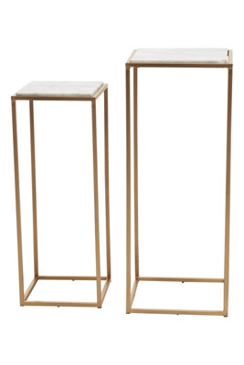 Interiors by Premier Nest of 2 Natural Marble Top Side Tables, Square End Tables for Home, Gold Finish Open Frame Bedside Tables
