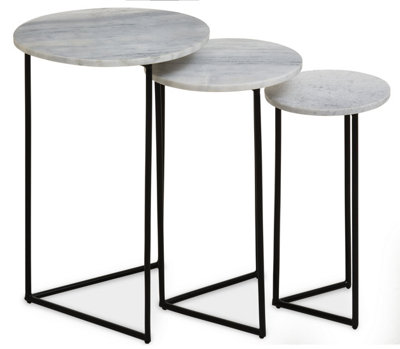 Interiors by Premier Nest of 3 Natural Marble Top Side Tables Set, Round  End Tables for Home, Black Powder Coated Open Frame