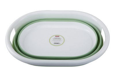 Interiors By Premier Oval Collapsible Laundry Basket in Green & White,Storage Basket For Clothes,Washing Hamper with Side Handles