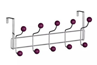 Interiors by Premier Over Door 10 Hook Hanger With Purple Balls, Chrome Finish Rack With Colourful Ball Tips For Coats, Bags,