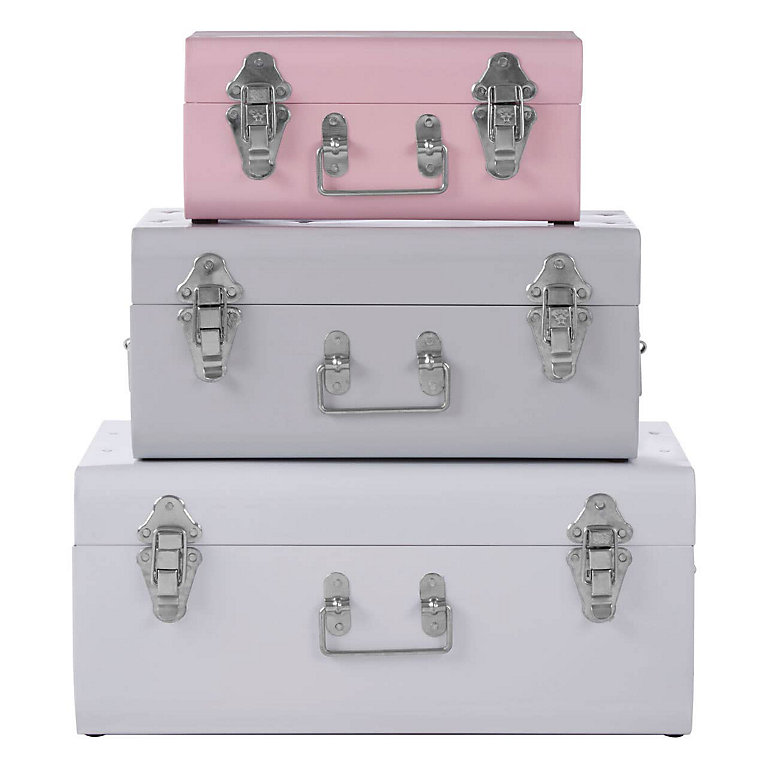 Interiors by Premier Parley Set Of Three Assorted Pink And Grey Storage Trunks | DIY at B&Q
