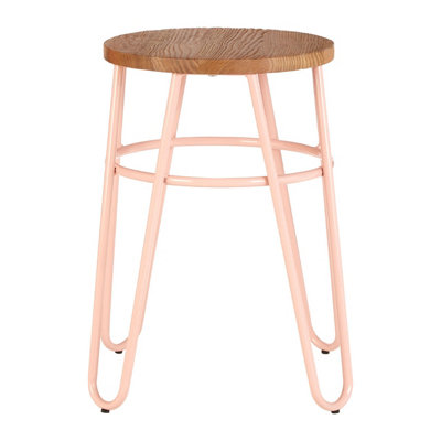 Interiors by Premier Pink Metal and Elm Wood Round Stool, Small Hairpin Stool, Versatile Metal Stool for Home, Office, Lounge