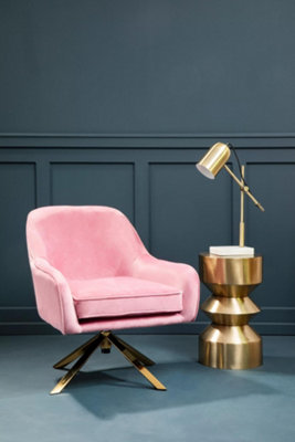 Interiors by Premier Pink Velvet Armchair, Accent Chair with Curved Backseat & Flared Armrests, Gold Cross-Base Upholstered Chair