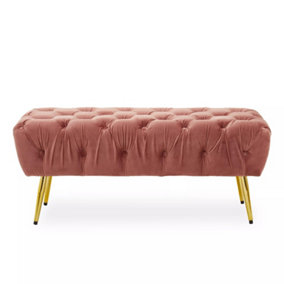 Interiors by Premier Pink Velvet Footstool Bench, Ottoman Footstool with Soft Upholstery, Gold Finish Leg Velvet Pouffe for Home