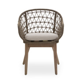 Interiors by Premier Rattan Armchair, Airy Single Chair with Grey Cushioning Dining Chair, Wooden Legs Outdoor Chair, Hand-woven