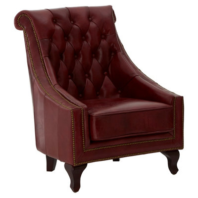 Interiors By Premier Red Leather Studded Armchair,Stately Lounge Chair With Quilted Backrest,Copper Studded Armrest Chair