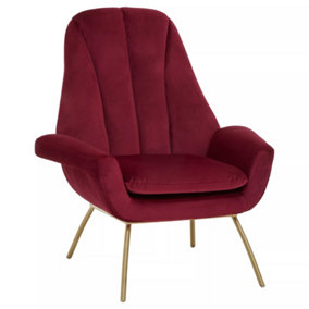 Interiors by Premier Red Velvet Lounge Chair, Red and Gold Luxury Lounge Chair, Comfortable Eames Lounge Chair with Gold Legs