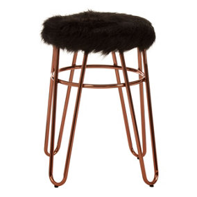 Interiors by Premier Rose Gold Metal and Black Faux Fur Stool, Small Hairpin Round Stool, Lightweight Fur Stool for Lounge