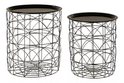 Interiors by Premier Set of 2 Black Basket Side Tables, Nest of Side Tables with Black Tops, Wireframe End Tables for Living Room