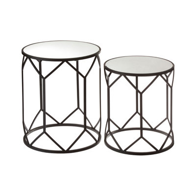 Interiors By Premier Set of 2 Black Polygonal Side Tables,Geometric Small Tables With Mirrored Glass Tops,Luxe Black Round Table