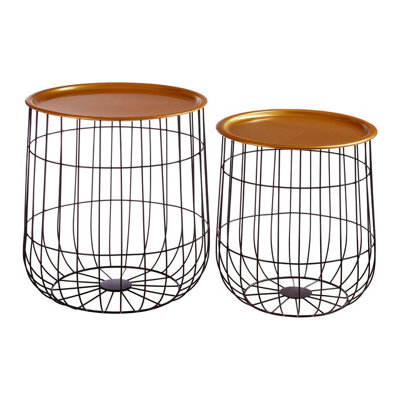 Interiors by Premier Set of 2 Black Round Basket Side Tables, Wirefame Side Tables with Gold Tops, Endtables for living room