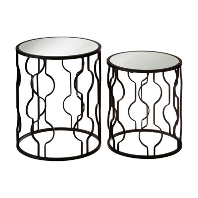 Interiors By Premier Set of 2 Black Side Tables With Undulating Frames,Tables With Exotic Circular Design, Mirrored Small Tables
