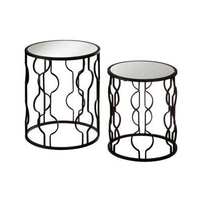Interiors By Premier Set of 2 Black Side Tables With Undulating Frames,Tables With Exotic Circular Design, Mirrored Small Tables