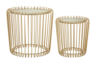Interiors by Premier Set of 2 Champagne Wireframe Side Tables, Gold with Mirrored Tops Bedside Tables, End Tables for Lounge