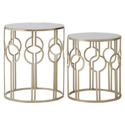Interiors By Premier Set of 2 Circle Design Champagne Tables,Modern Round Stackable Sofa Side Tables,Mirrored Top End Tables