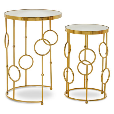 Interiors by Premier Set Of 2 Circle Pattern Side Table,  Bedside Table With Mirrored Tops, Sleek Metallic Nesting Table
