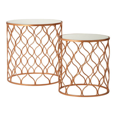 Interiors By Premier Set of 2 Copper Accent Tables With Mirrored Tops,Round Tables With Wave Design Metal Frames,Luxe Side Tables
